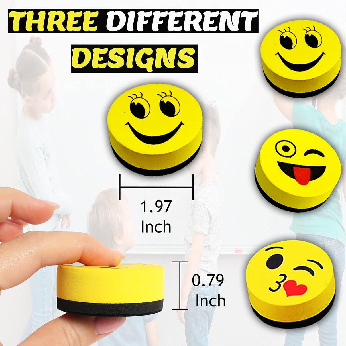 Maah Magnetic White board Eraser, Best Partner of Non-Permanent Dry Erase Marker - Pack of 3 Cute Circular Emoji Dry Erase Erasers / Small Whiteboard Cleaner Duster