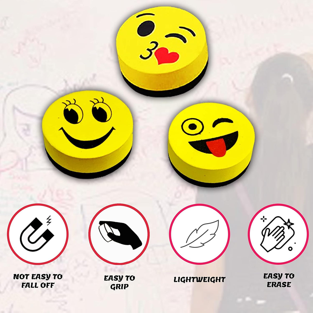 Maah Magnetic White board Eraser, Best Partner of Non-Permanent Dry Erase Marker - Pack of 3 Cute Circular Emoji Dry Erase Erasers / Small Whiteboard Cleaner Duster