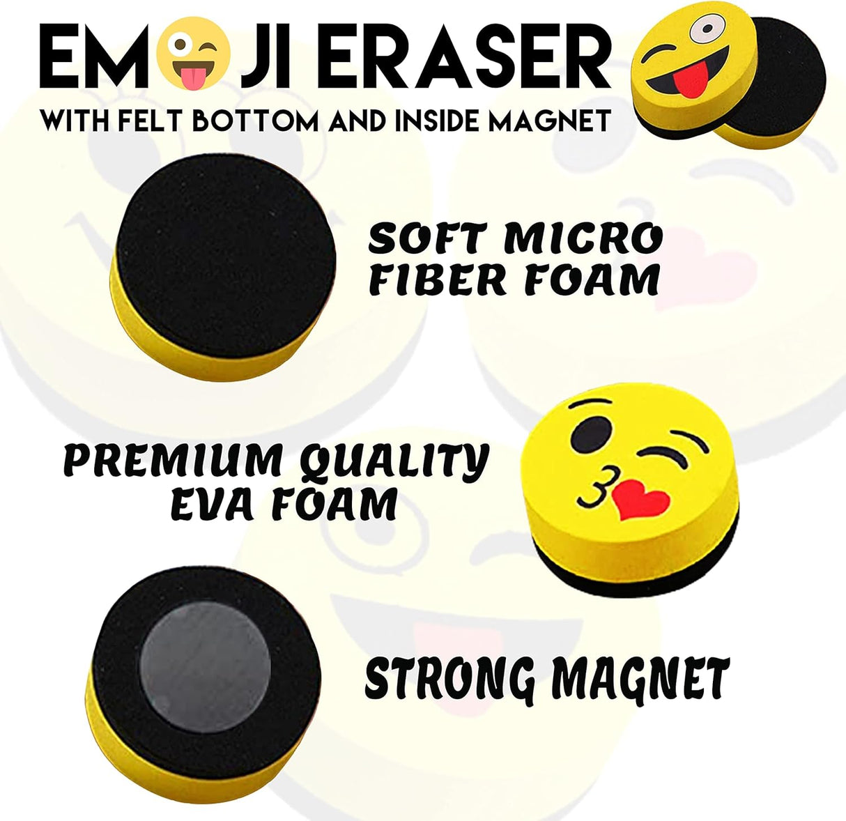 Maah Magnetic White board Eraser, Best Partner of Non-Permanent Dry Erase Marker - Pack of 3 Cute Circular Emoji Dry Erase Erasers / Small Whiteboard Cleaner Duster