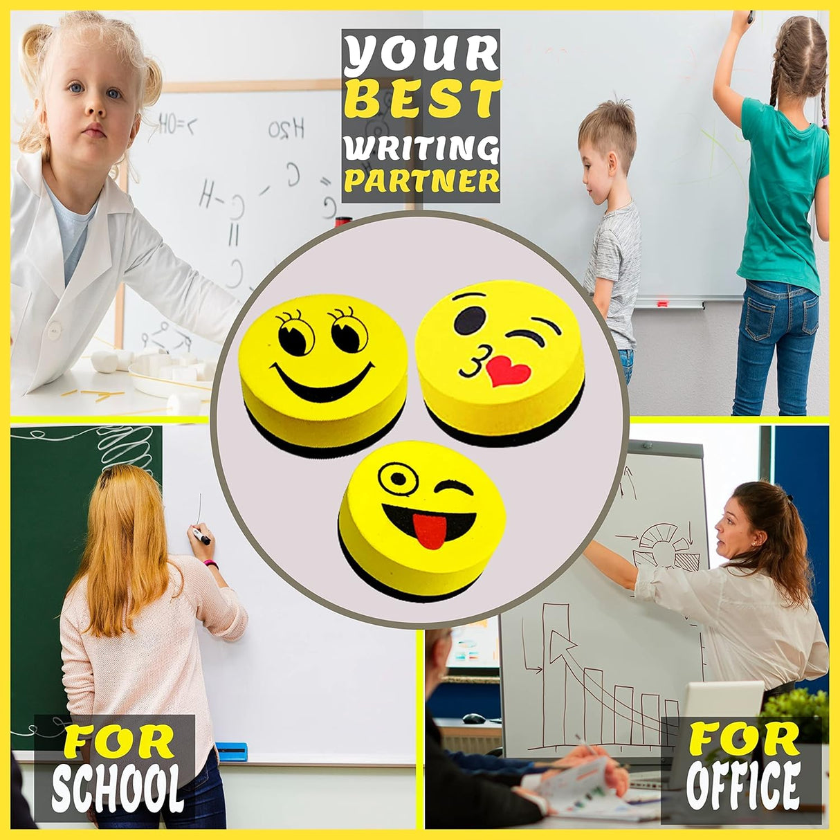 Maah Magnetic White board Eraser, Best Partner of Non-Permanent Dry Erase Marker - Pack of 3 Cute Circular Emoji Dry Erase Erasers / Small Whiteboard Cleaner Duster