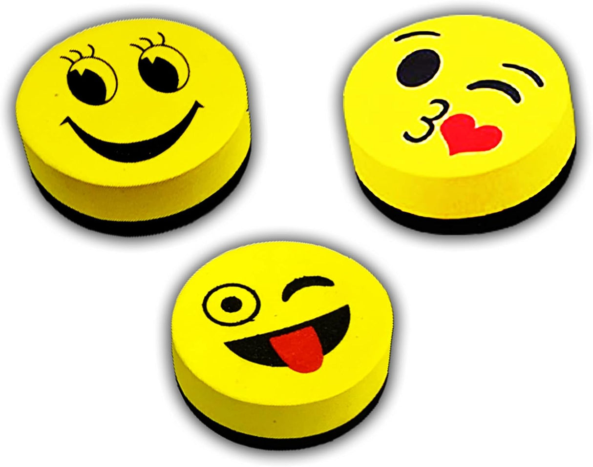 Maah Magnetic White board Eraser, Best Partner of Non-Permanent Dry Erase Marker - Pack of 3 Cute Circular Emoji Dry Erase Erasers / Small Whiteboard Cleaner Duster