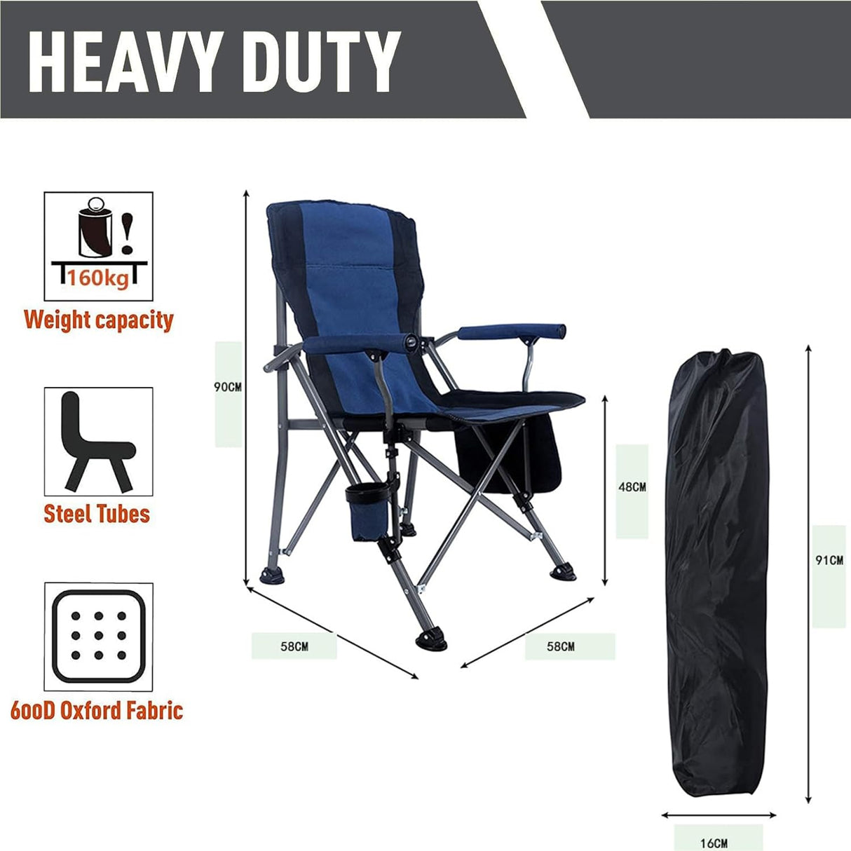 Camping Folding Chair, Heavy Duty Foldable Beach Chair with Cup Holder and Carrying Bag, Portable Camping Chair with Armrests for BBQs, Garden, Picnic Outdoor/Indoor