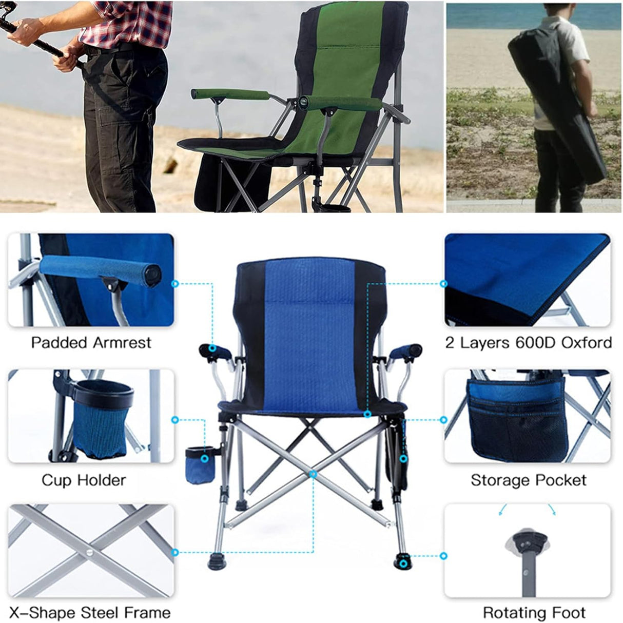 Camping Folding Chair, Heavy Duty Foldable Beach Chair with Cup Holder and Carrying Bag, Portable Camping Chair with Armrests for BBQs, Garden, Picnic Outdoor/Indoor