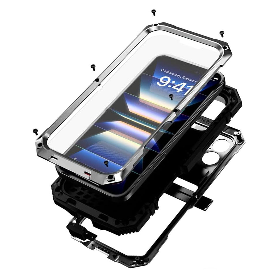 Full-Body Rugged Armor Shockproof Protective Case for iPhone 16 Plus Kickstand Aluminum Metal Cover