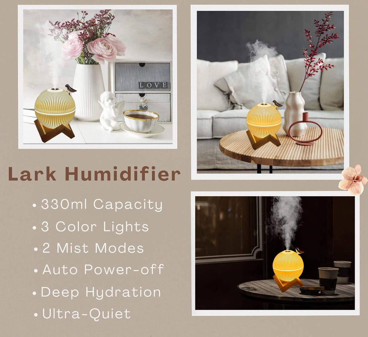 Cool Mist Mini Humidifier. Cute Portable Small Air Humidifier with USB for Bedroom Desk Plants & Baby Nursery. Moon Lamp USB Ultrasonic Humidifier Decor. Silent & Auto Shut-Off 330ml (Lark Humidifier)
