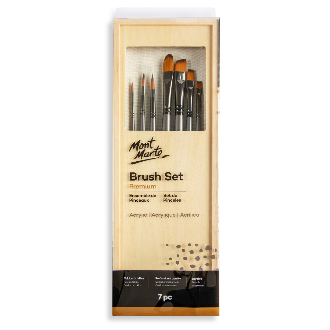 Mont Marte Acrylic Brush Set In Box, 7 Piece. Excellent Selection Of Common Brushes Used For Acrylic Painting Including Round, Flat, Filbert And Angle.