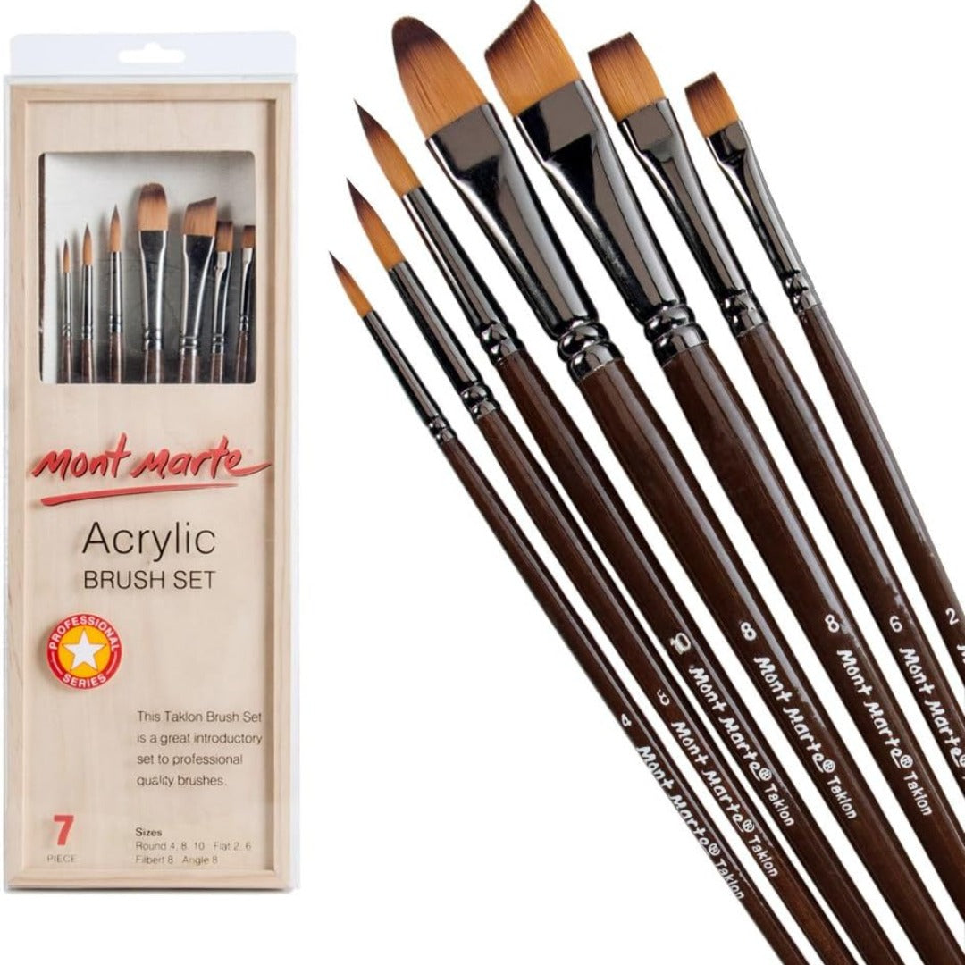 Mont Marte Acrylic Brush Set In Box, 7 Piece. Excellent Selection Of Common Brushes Used For Acrylic Painting Including Round, Flat, Filbert And Angle.