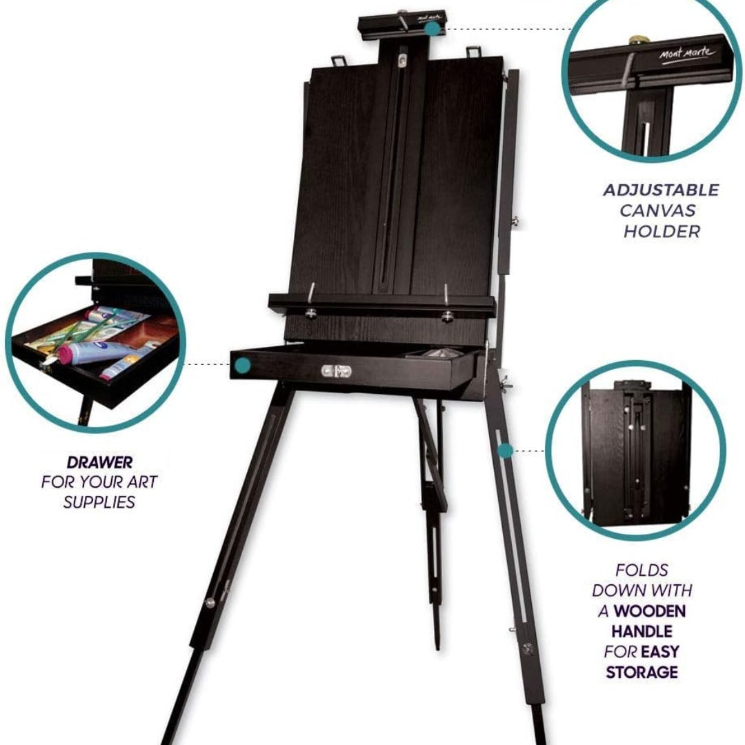 Mont Marte MEA0027 French Box Easels Paint Easel with Drawer, Wooden Pallete, Black