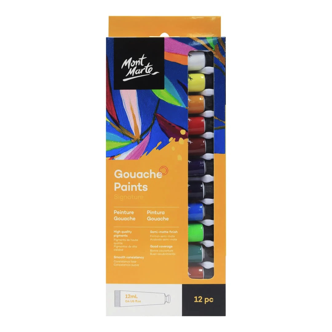 Mont Marte Signature Gouache Paint, 12 x 12ml (0.4oz), Semi-Matte Finish, 12 Colours, Suitable for use with Canvas, Watercolour Paper, Watercolour Paints and Mixed Media