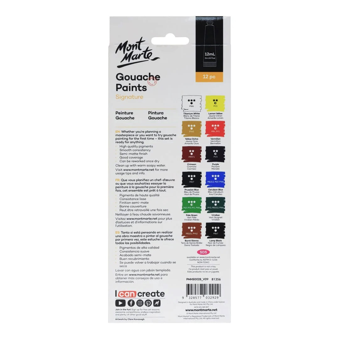 Mont Marte Signature Gouache Paint, 12 x 12ml (0.4oz), Semi-Matte Finish, 12 Colours, Suitable for use with Canvas, Watercolour Paper, Watercolour Paints and Mixed Media