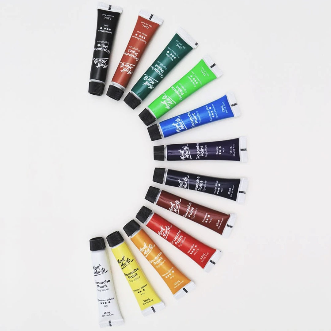 Mont Marte Signature Gouache Paint, 12 x 12ml (0.4oz), Semi-Matte Finish, 12 Colours, Suitable for use with Canvas, Watercolour Paper, Watercolour Paints and Mixed Media