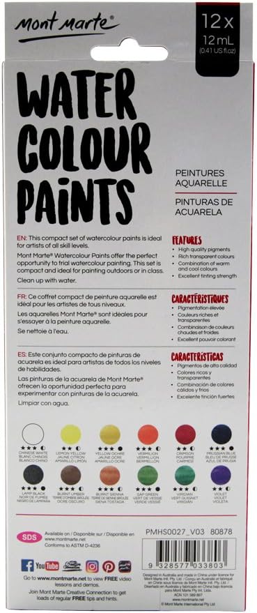 Monte Marte Watercolour Paints 12Pc x 12ml - suitable for all beginners and professionals