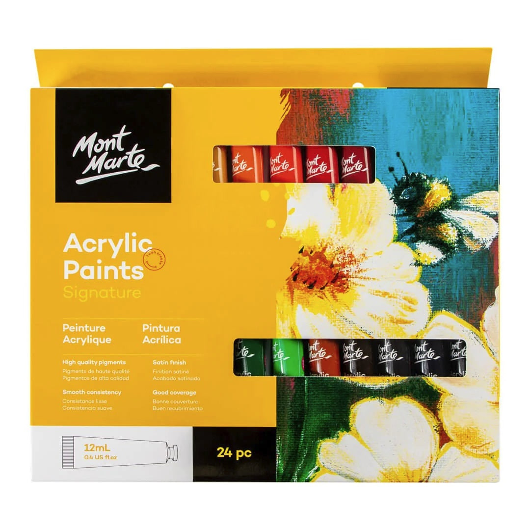 Mont Marte Acrylic Paint Set 24 Colours 12ml, Perfect for Canvas, Wood, Fabric, Leather, Cardboard, Paper, MDF and Crafts (24 Bright Colours 12 ML, 1 PACK)