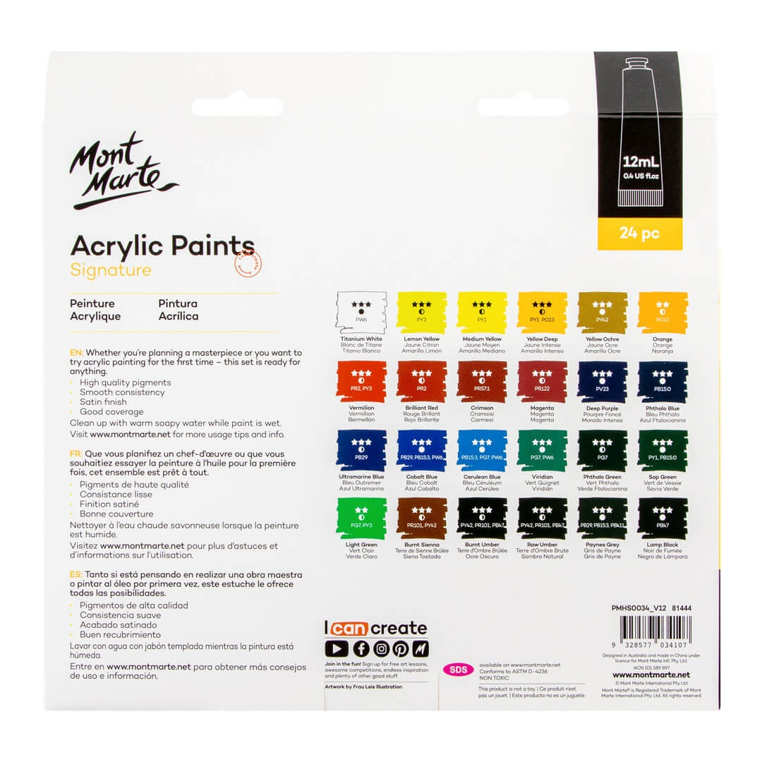 Mont Marte Acrylic Paint Set 24 Colours 12ml, Perfect for Canvas, Wood, Fabric, Leather, Cardboard, Paper, MDF and Crafts (24 Bright Colours 12 ML, 1 PACK)