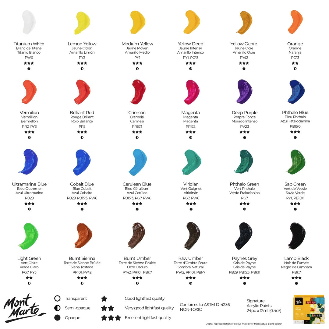 Mont Marte Acrylic Paint Set 24 Colours 12ml, Perfect for Canvas, Wood, Fabric, Leather, Cardboard, Paper, MDF and Crafts (24 Bright Colours 12 ML, 1 PACK)