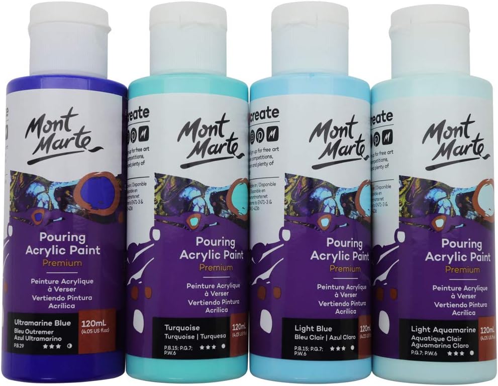 MONT MARTE Premium Acrylic Pouring Paint Set, Marina, 4 x 4oz (120ml) Bottles, Pre-mixed Acrylic Paint, Suitable for a Variety of Surfaces Including Stretched Canvas, Wood, MDF and Air Drying Clay.