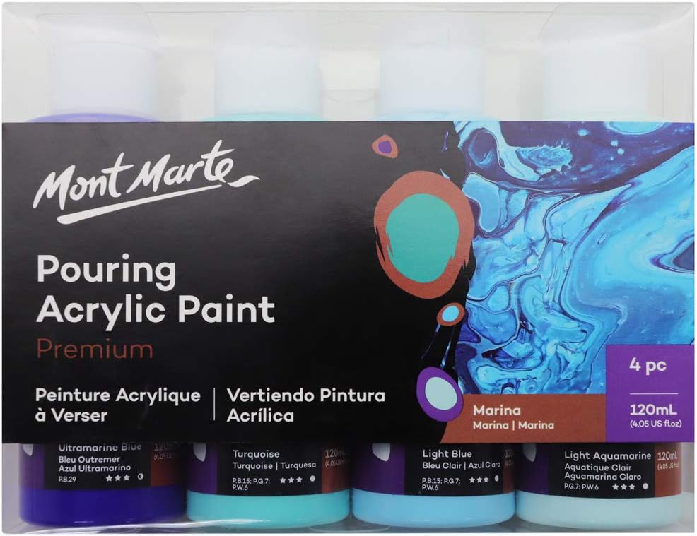 MONT MARTE Premium Acrylic Pouring Paint Set, Marina, 4 x 4oz (120ml) Bottles, Pre-mixed Acrylic Paint, Suitable for a Variety of Surfaces Including Stretched Canvas, Wood, MDF and Air Drying Clay.