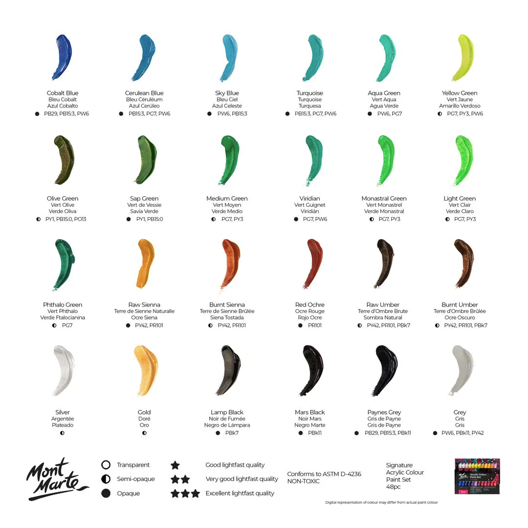 MONT MARTE Acrylic Paint Set, 48 x 36ml, Semi-Matte Finish, 48 Colours, Suitable for Canvas, Wood, MDF, Leather, Air-Dried Clay, Plaster, Cardboard, Paper and Crafts
