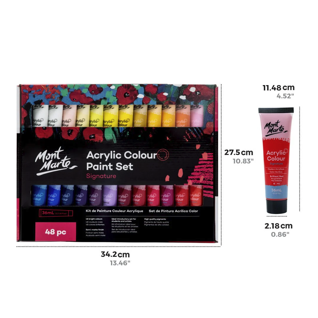 MONT MARTE Acrylic Paint Set, 48 x 36ml, Semi-Matte Finish, 48 Colours, Suitable for Canvas, Wood, MDF, Leather, Air-Dried Clay, Plaster, Cardboard, Paper and Crafts
