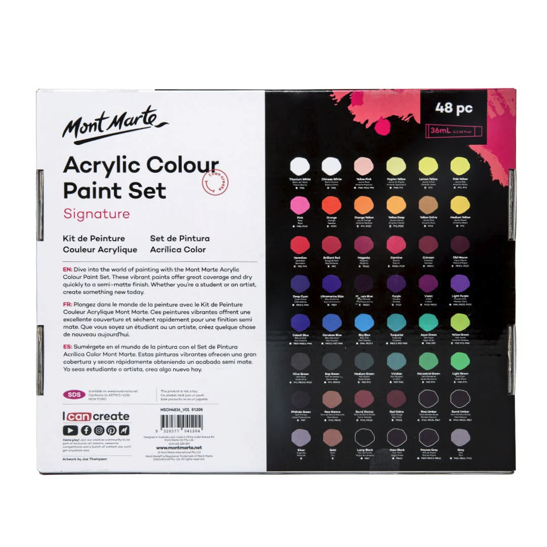 MONT MARTE Acrylic Paint Set, 48 x 36ml, Semi-Matte Finish, 48 Colours, Suitable for Canvas, Wood, MDF, Leather, Air-Dried Clay, Plaster, Cardboard, Paper and Crafts