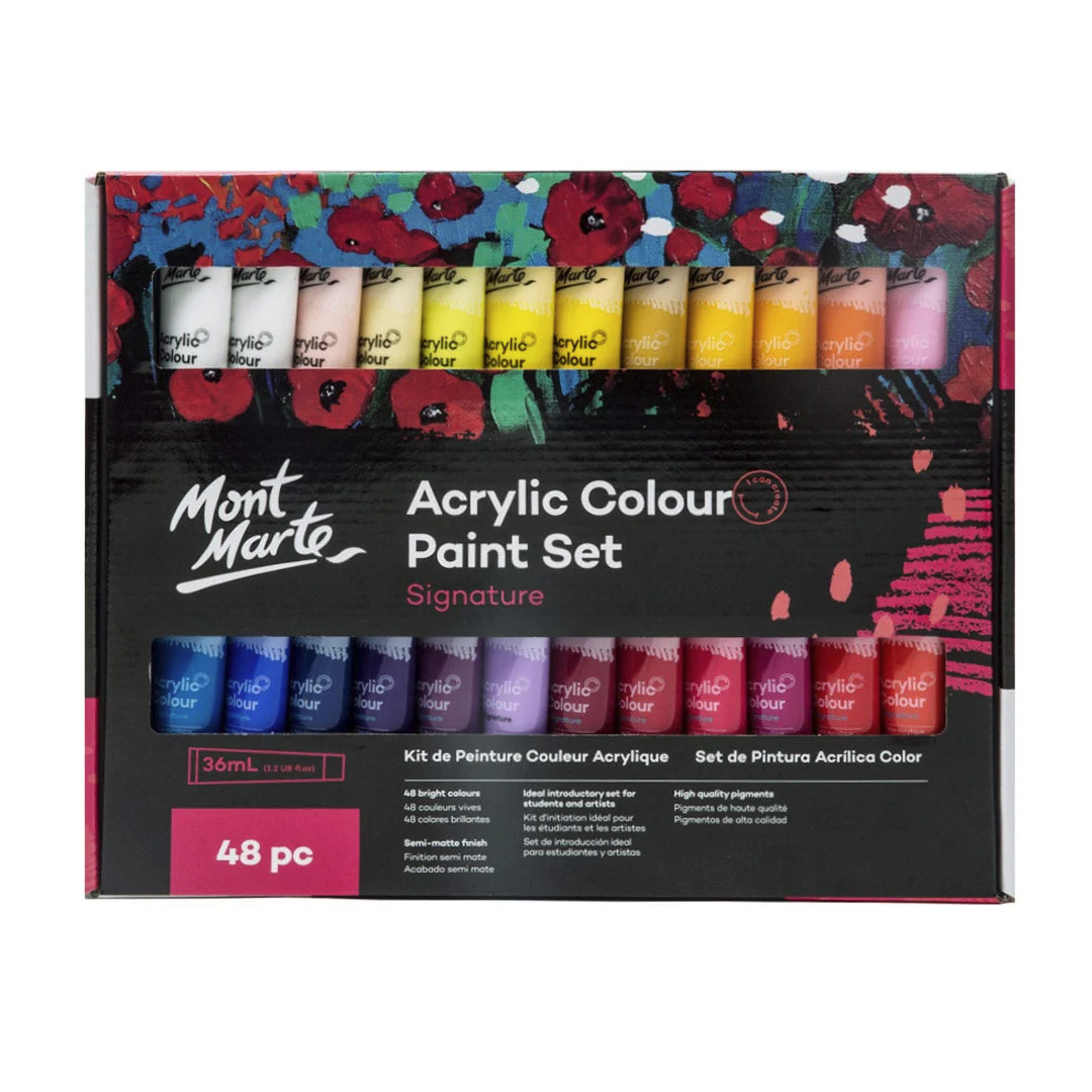 MONT MARTE Acrylic Paint Set, 48 x 36ml, Semi-Matte Finish, 48 Colours, Suitable for Canvas, Wood, MDF, Leather, Air-Dried Clay, Plaster, Cardboard, Paper and Crafts
