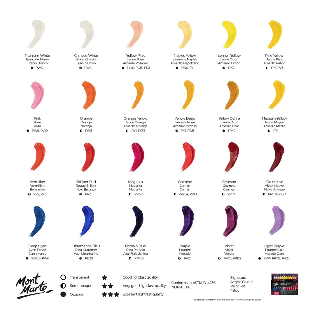 MONT MARTE Acrylic Paint Set, 48 x 36ml, Semi-Matte Finish, 48 Colours, Suitable for Canvas, Wood, MDF, Leather, Air-Dried Clay, Plaster, Cardboard, Paper and Crafts