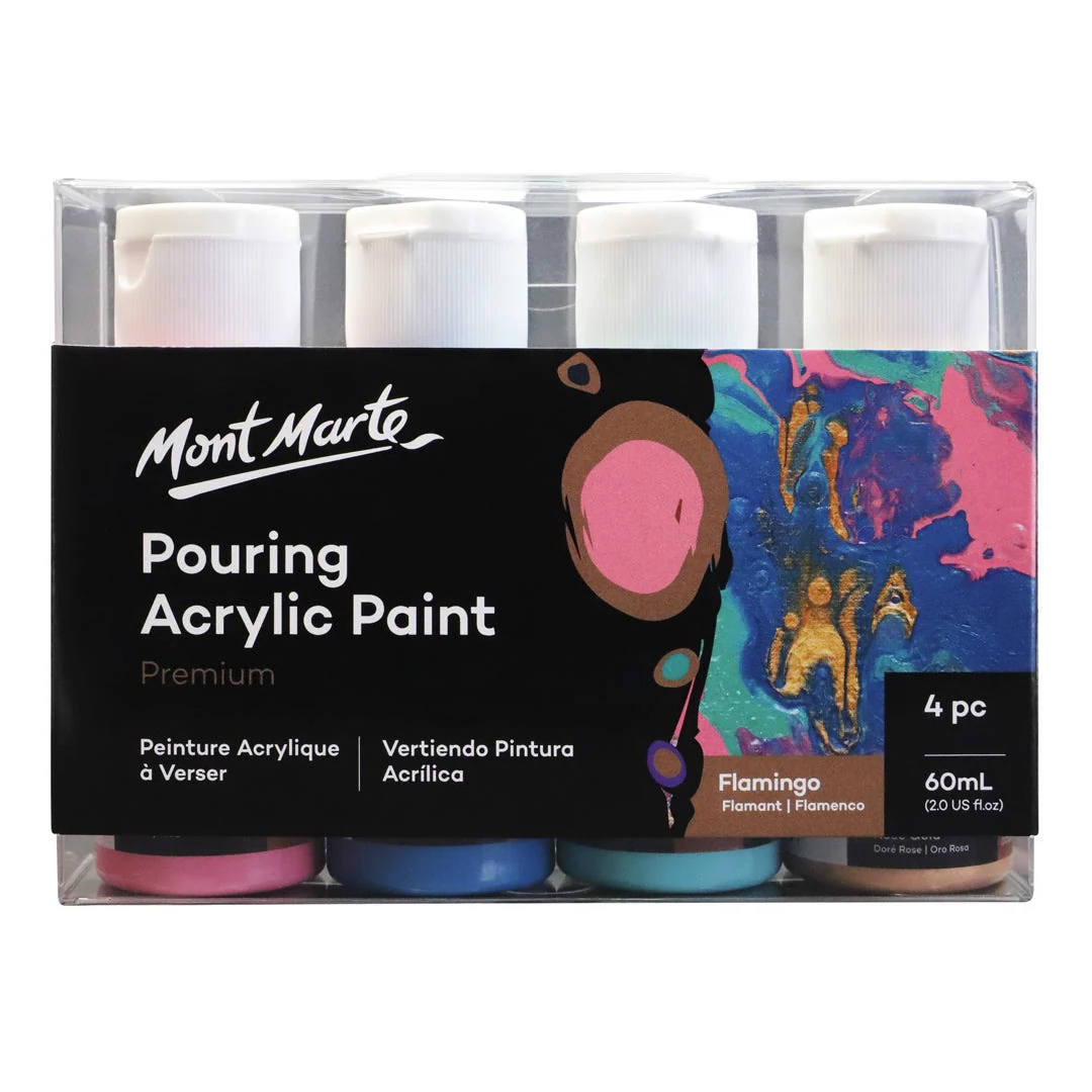 MONT MARTE Premium Pouring Acrylic Paint, Flamingo, 4pc Set, 2oz (60ml) Bottles, Pre-Mixed Acrylic Paint, Suitable for a Variety of Surfaces Including Stretched Canvas, Wood, MDF and Air Drying Clay.