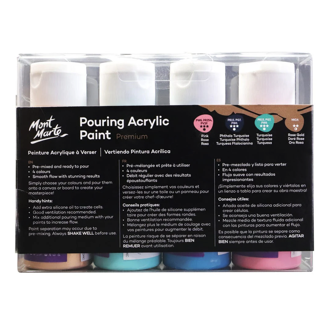 MONT MARTE Premium Pouring Acrylic Paint, Flamingo, 4pc Set, 2oz (60ml) Bottles, Pre-Mixed Acrylic Paint, Suitable for a Variety of Surfaces Including Stretched Canvas, Wood, MDF and Air Drying Clay.