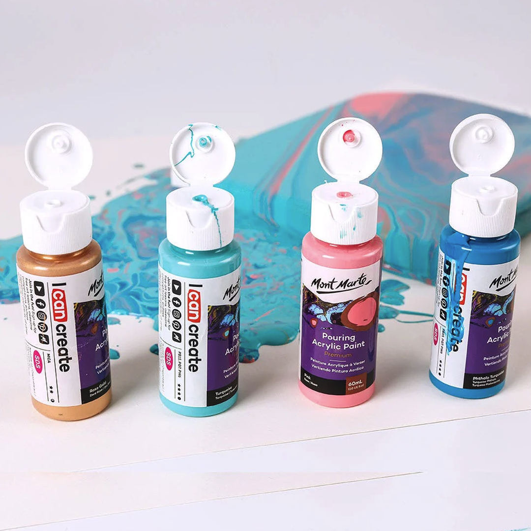 MONT MARTE Premium Pouring Acrylic Paint, Flamingo, 4pc Set, 2oz (60ml) Bottles, Pre-Mixed Acrylic Paint, Suitable for a Variety of Surfaces Including Stretched Canvas, Wood, MDF and Air Drying Clay.