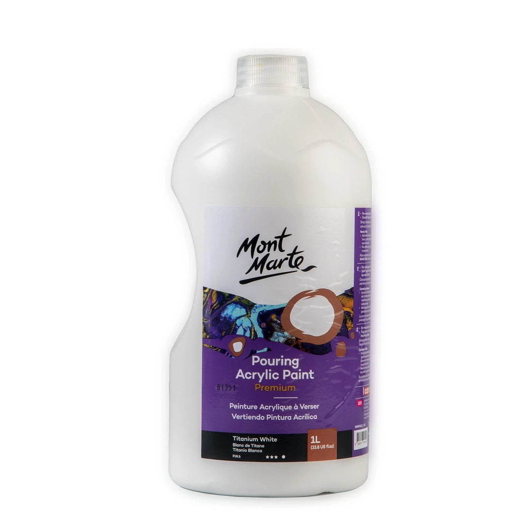 Mont Marte Premium Pouring Acrylic Paint, 1L (33.8oz), Titanium White, Pre-Mixed Acrylic Paint, Suitable for a Variety of Surfaces Including Stretched Canvas, Wood, MDF and Air Drying Clay.