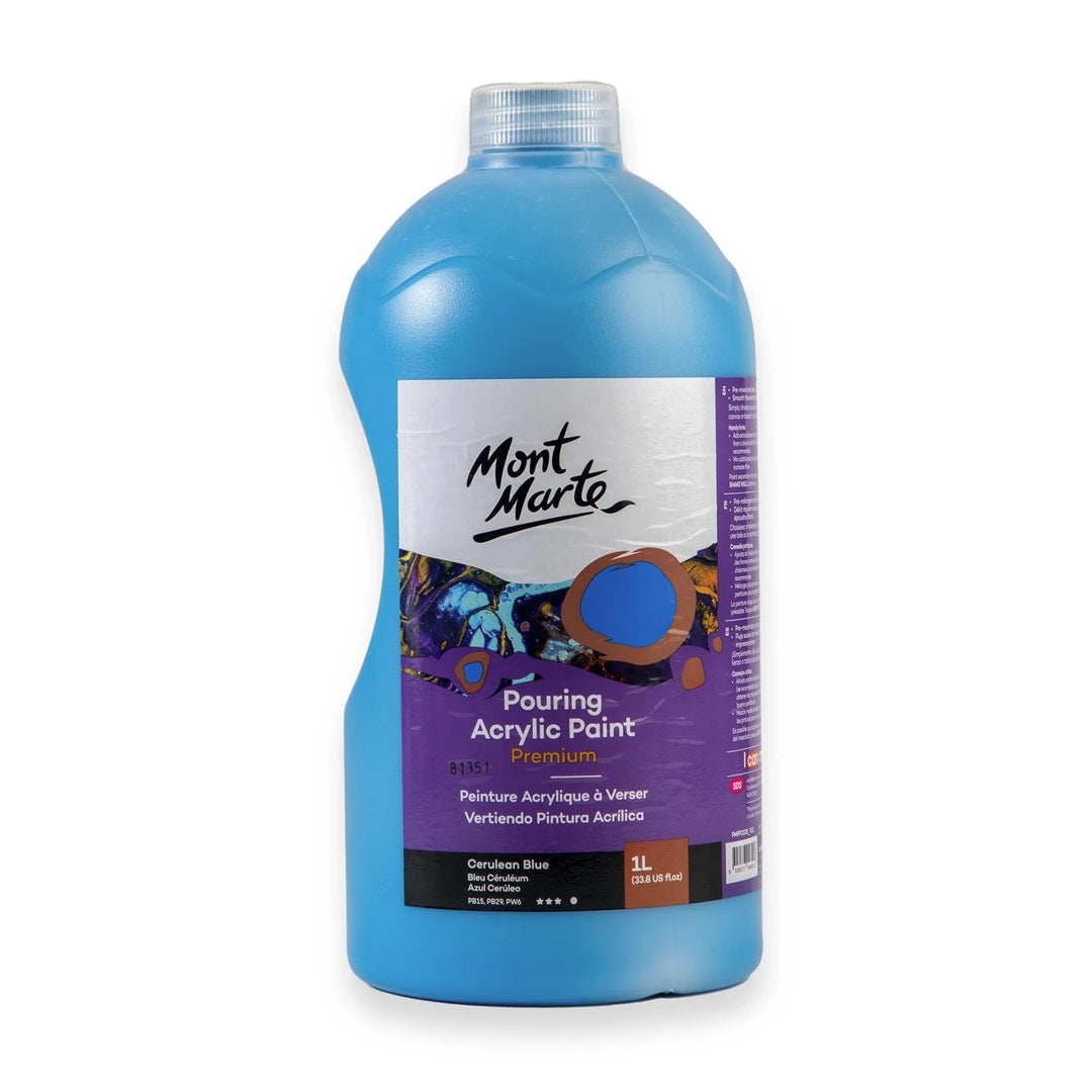 MONT MARTE Premium Pouring Acrylic Paint, 1L (33.8oz), Cerulean Blue, Pre-Mixed Acrylic Paint, Suitable for a Variety of Surfaces Including Stretched Canvas, Wood, MDF and Air Drying Clay