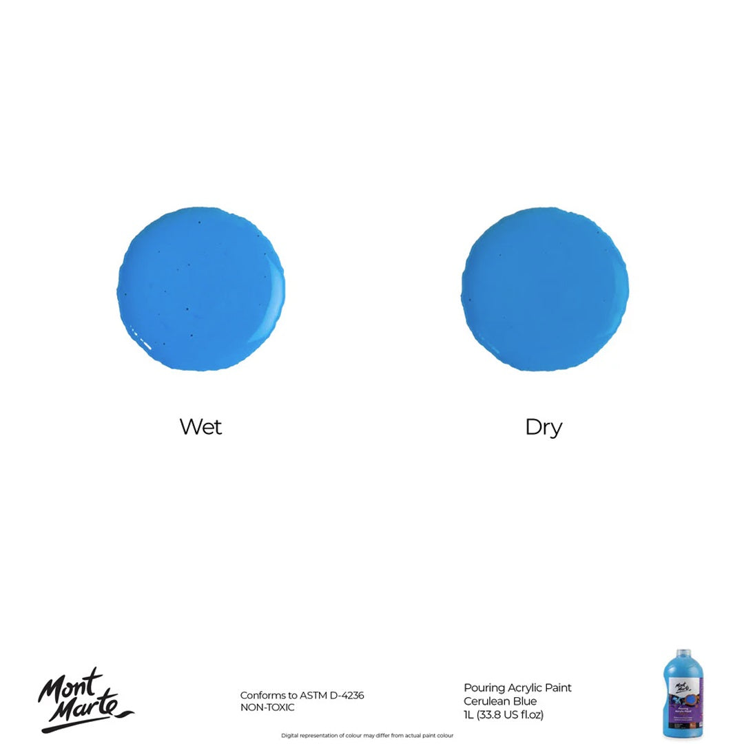 MONT MARTE Premium Pouring Acrylic Paint, 1L (33.8oz), Cerulean Blue, Pre-Mixed Acrylic Paint, Suitable for a Variety of Surfaces Including Stretched Canvas, Wood, MDF and Air Drying Clay