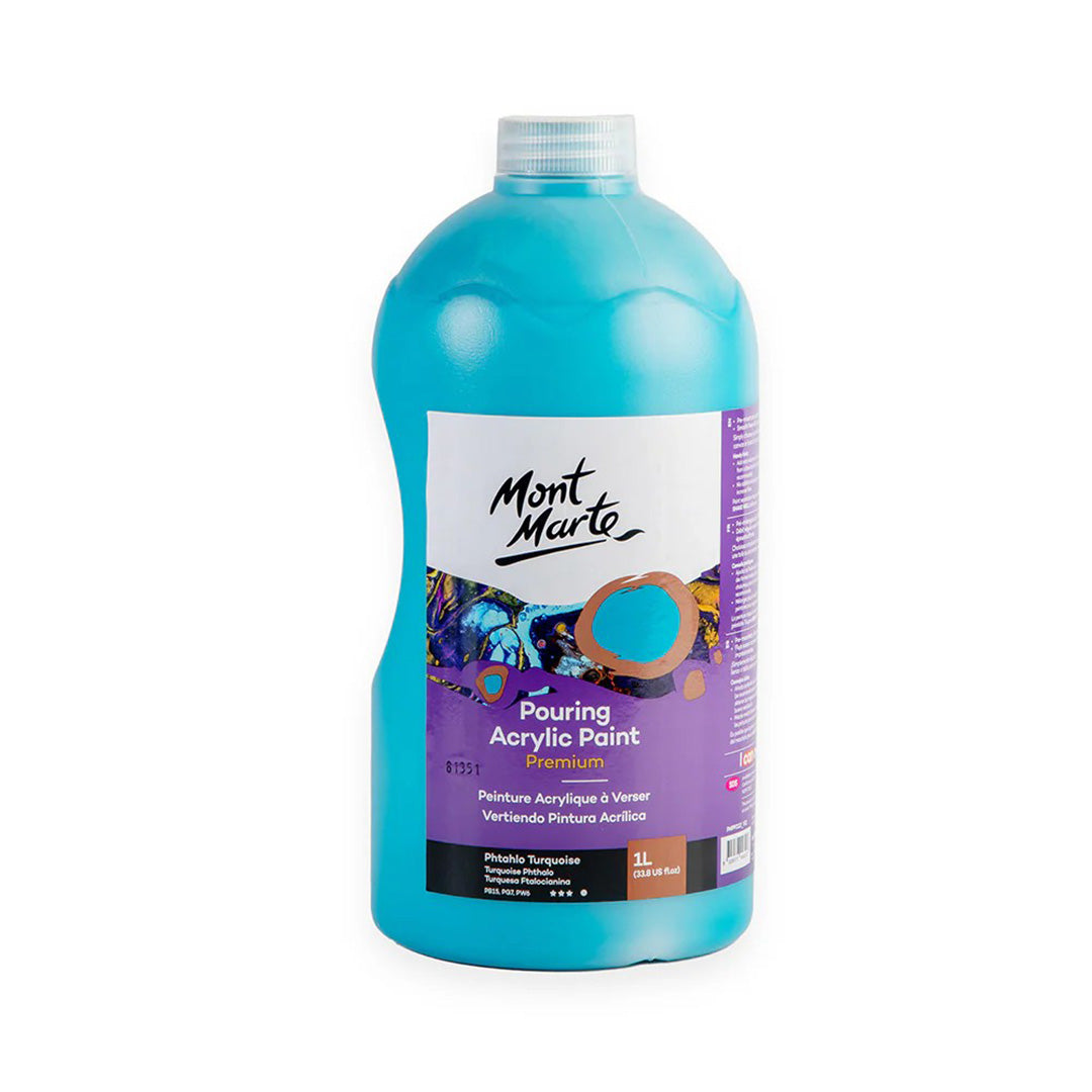 Mont Marte Premium Pouring Acrylic Paint, 1L (33.8oz), Phthalo Turquoise, Pre-Mixed Acrylic Paint, Suitable for a Variety of Surfaces Including Stretched Canvas, Wood, MDF and Air Drying Clay.