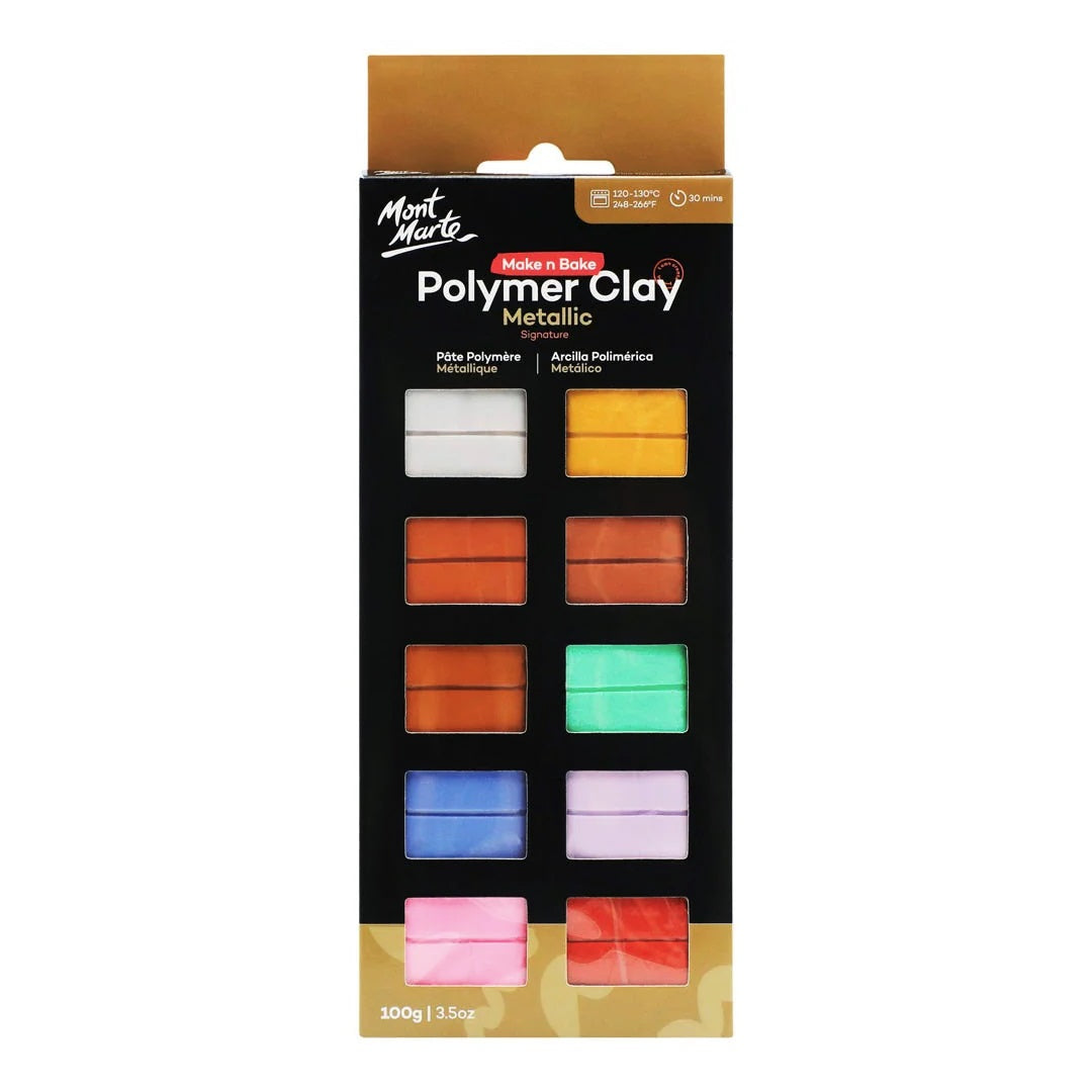 Mont Marte Polymer Clay Metallic - 10 Colours - 100g - Soft, Even Texture - Easy to Shape - Clay for Pottering, Modelling and Crafts