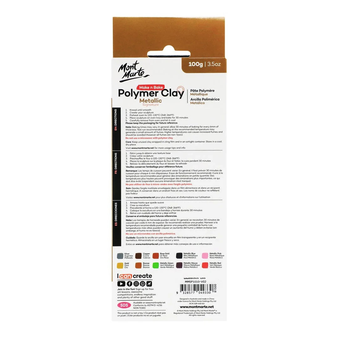 Mont Marte Polymer Clay Metallic - 10 Colours - 100g - Soft, Even Texture - Easy to Shape - Clay for Pottering, Modelling and Crafts