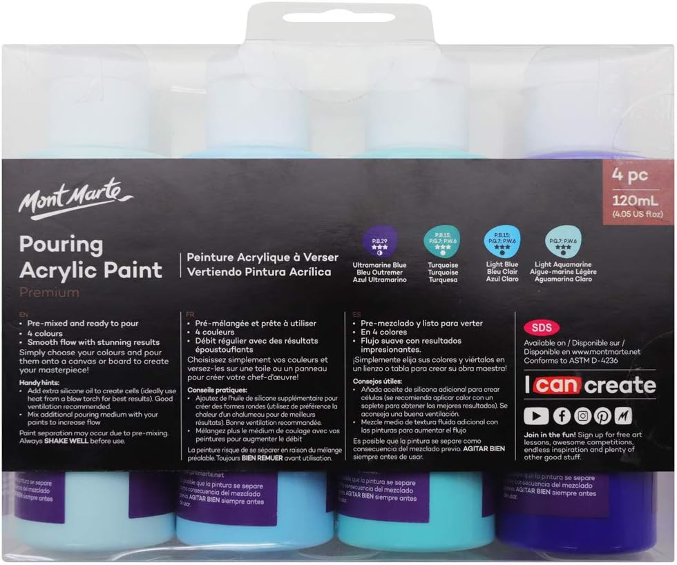 MONT MARTE Premium Acrylic Pouring Paint Set, Marina, 4 x 4oz (120ml) Bottles, Pre-mixed Acrylic Paint, Suitable for a Variety of Surfaces Including Stretched Canvas, Wood, MDF and Air Drying Clay.